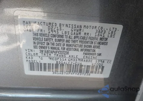 2015 Nissan Sentra Fe+ S/S/Sl/Sr/Sv из США, поврежденный, VIN 3N1AB7AP4FY237238